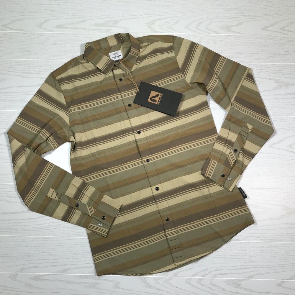 Flylow Pearl Snap Long Sleeve Shirt Men Small Brown Stripe 50 UPF Pockets New